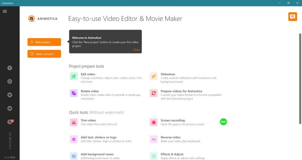 Launch Animotica and Create a New Project to add Sticker to your video